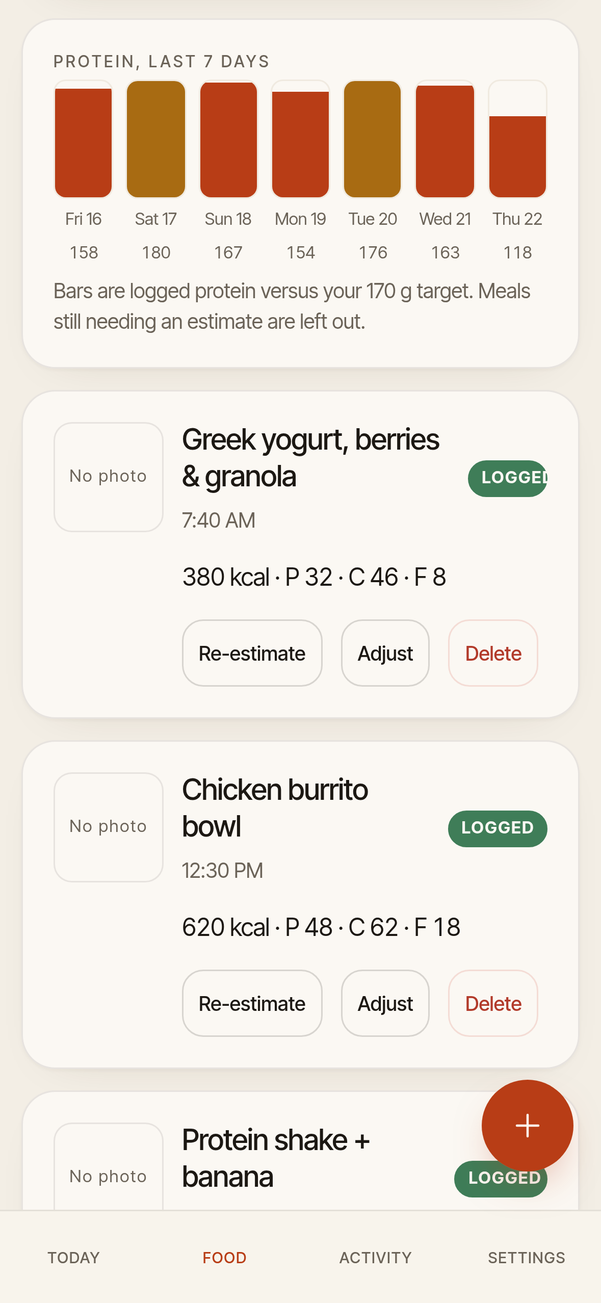 Balancr Food screen: protein for the last 7 days and logged meals with macros