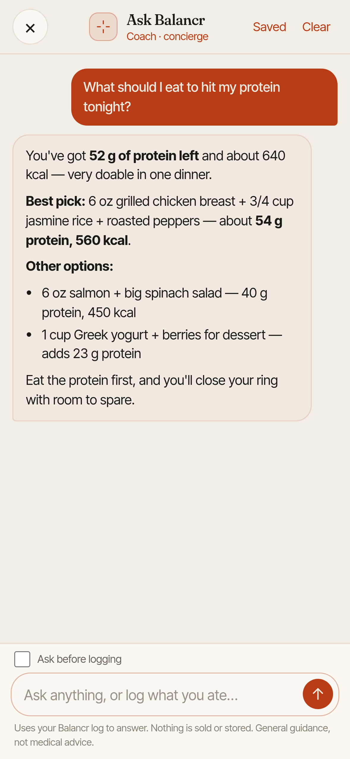 Ask Balancr answering what to eat to hit protein: 52 g left, with a best pick and other options