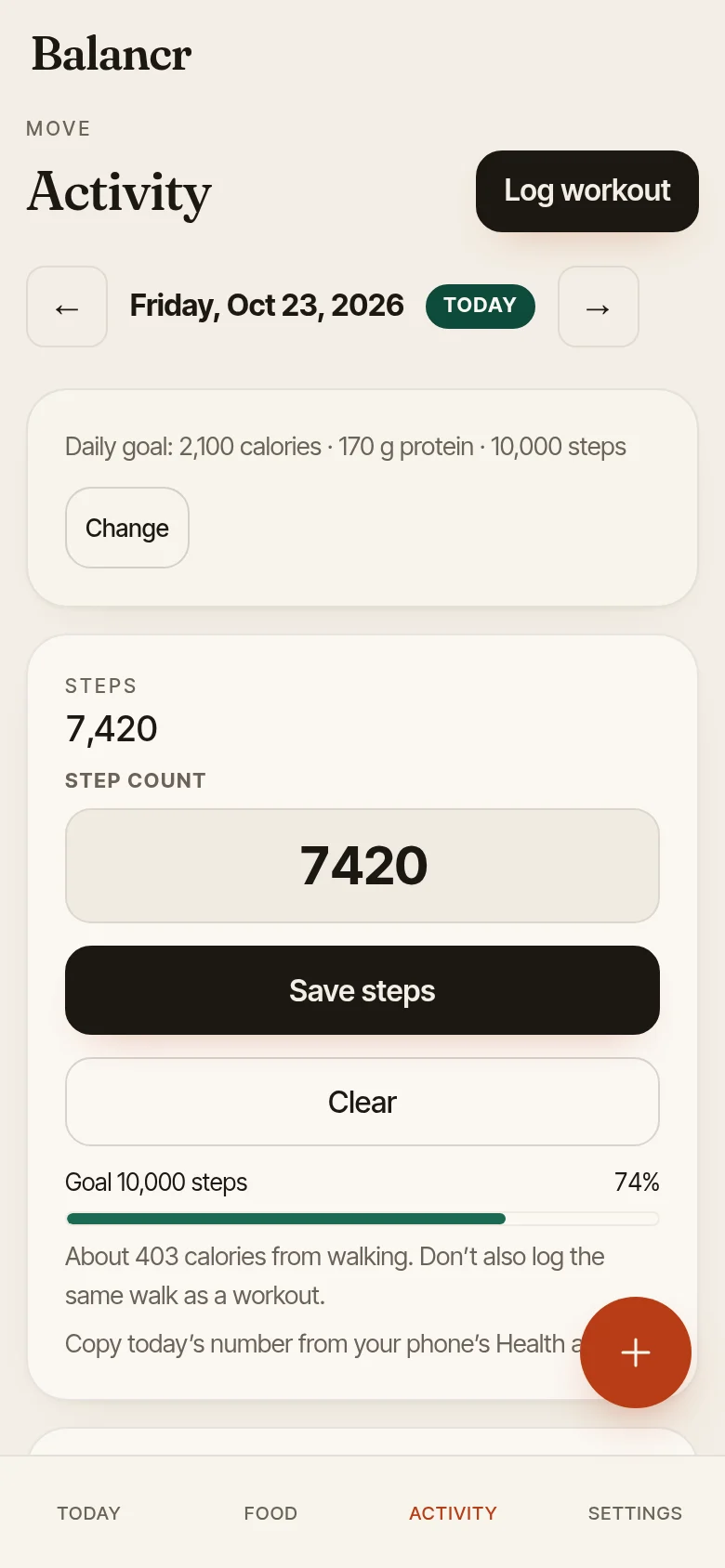 Activity: steps 7,420 with a Save steps button, goal 10,000 steps at 74%