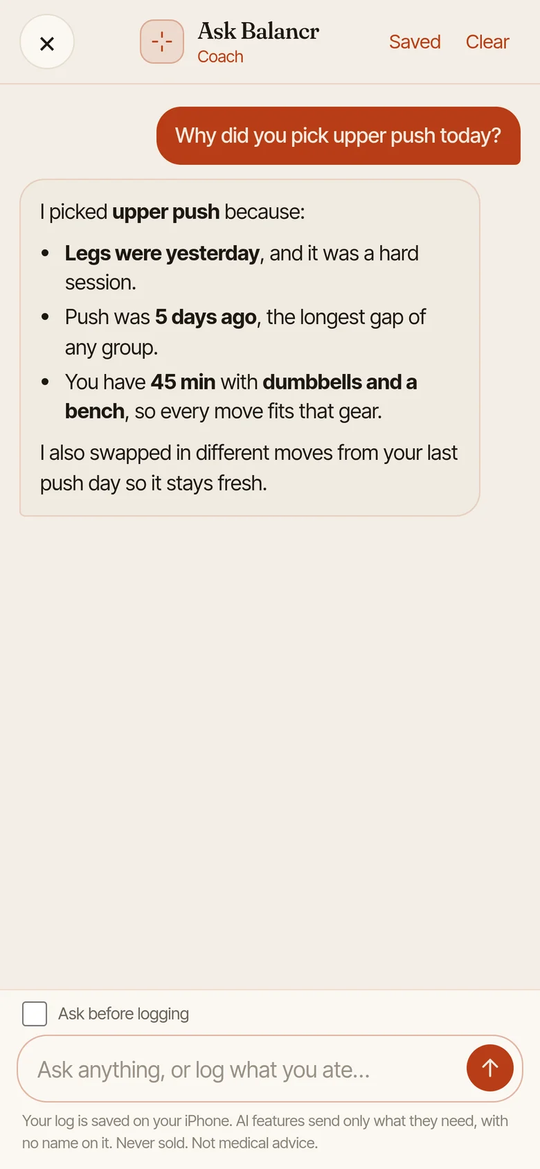 Ask Balancr: Why did you pick upper push today? Legs were yesterday and it was a hard session, push was 5 days ago, you have 45 min with dumbbells and a bench, and moves differ from last push day