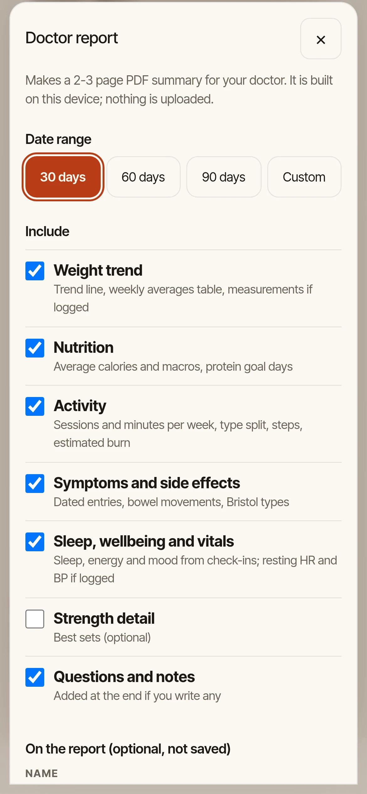 Doctor report sheet: date range of 30, 60 or 90 days or custom, and checkboxes for weight trend, nutrition, activity, symptoms, sleep wellbeing and vitals, strength detail, and questions and notes
