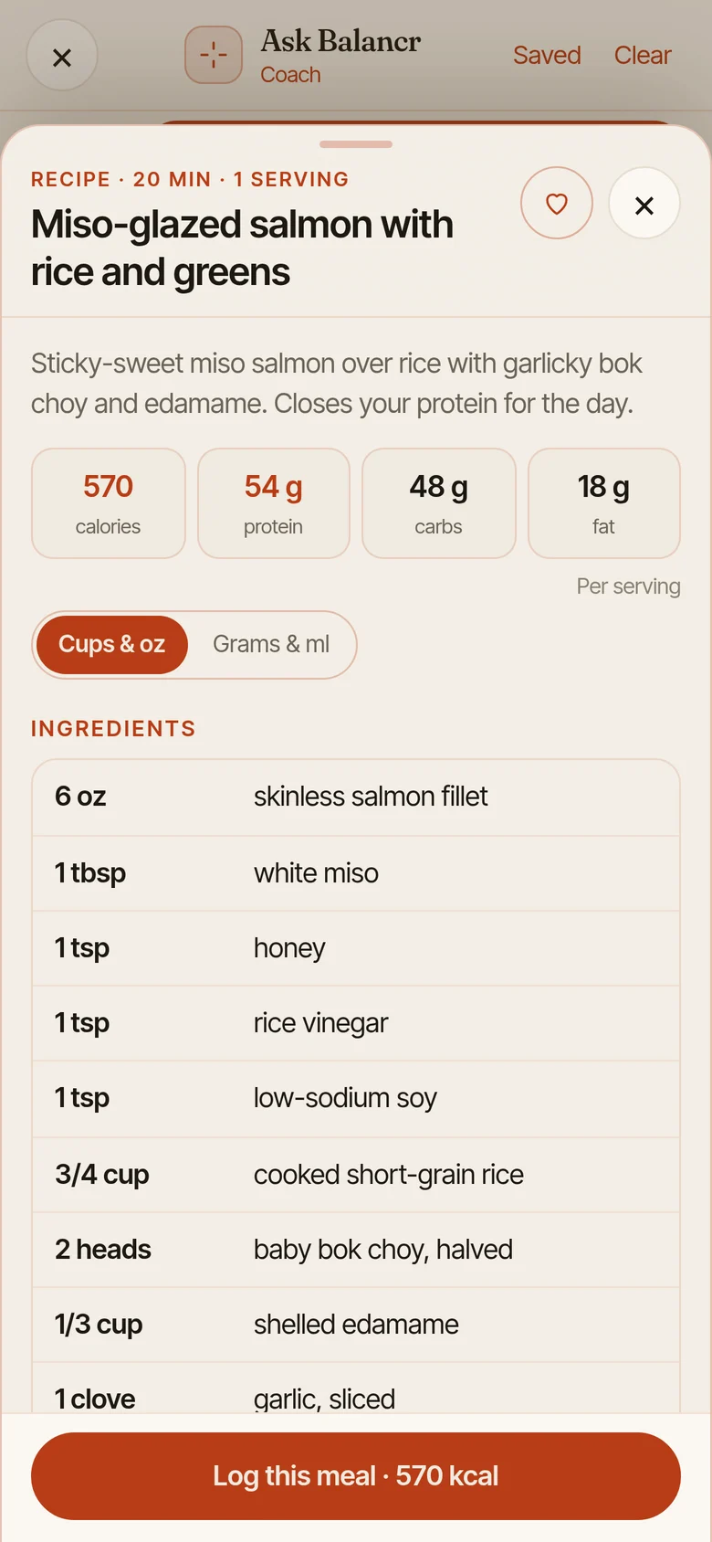 Recipe: miso-glazed salmon with rice and greens, 570 kcal, 54 g protein, ingredients list and a Log this meal button