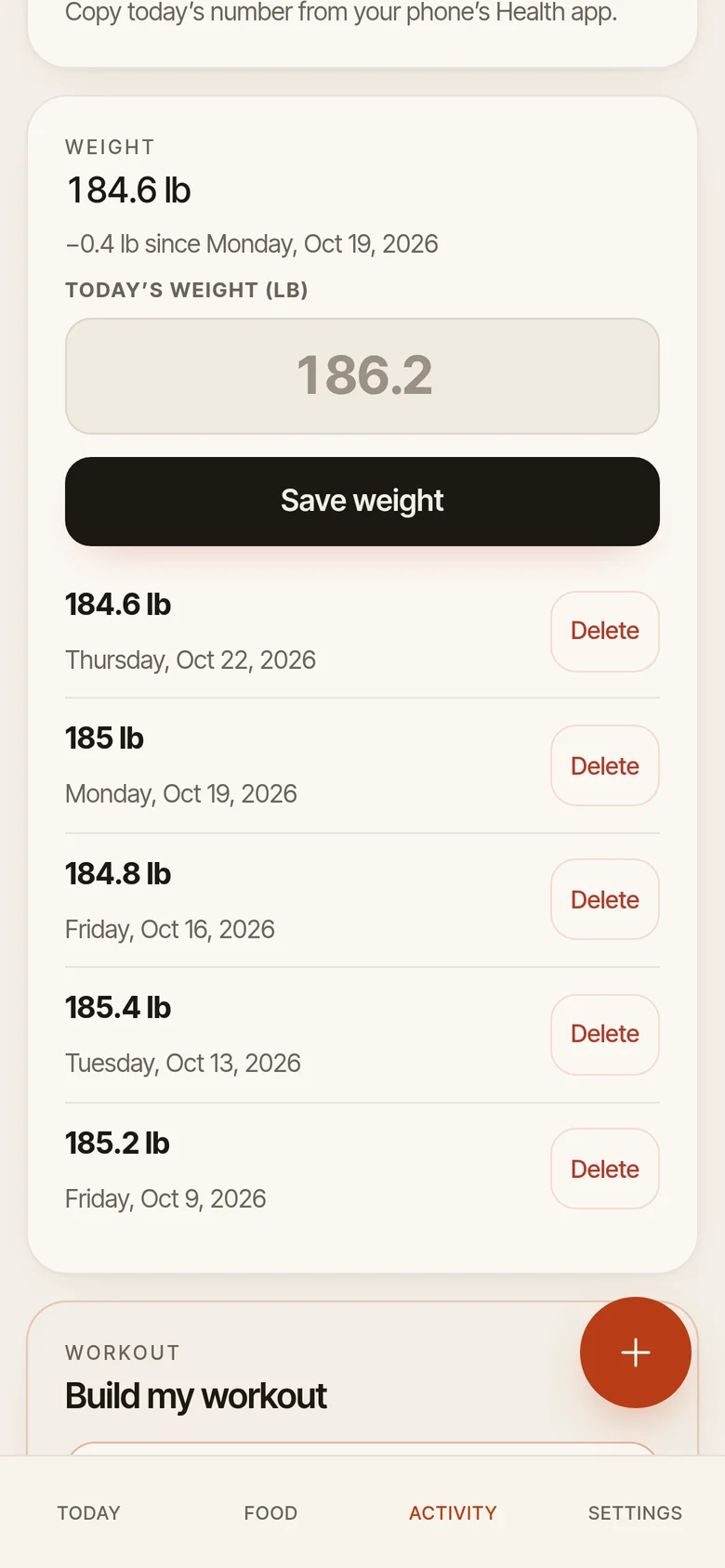 Activity: today&rsquo;s weight 184.6 lb, down 3.4 lb since Sep 24, with earlier weigh-ins listed