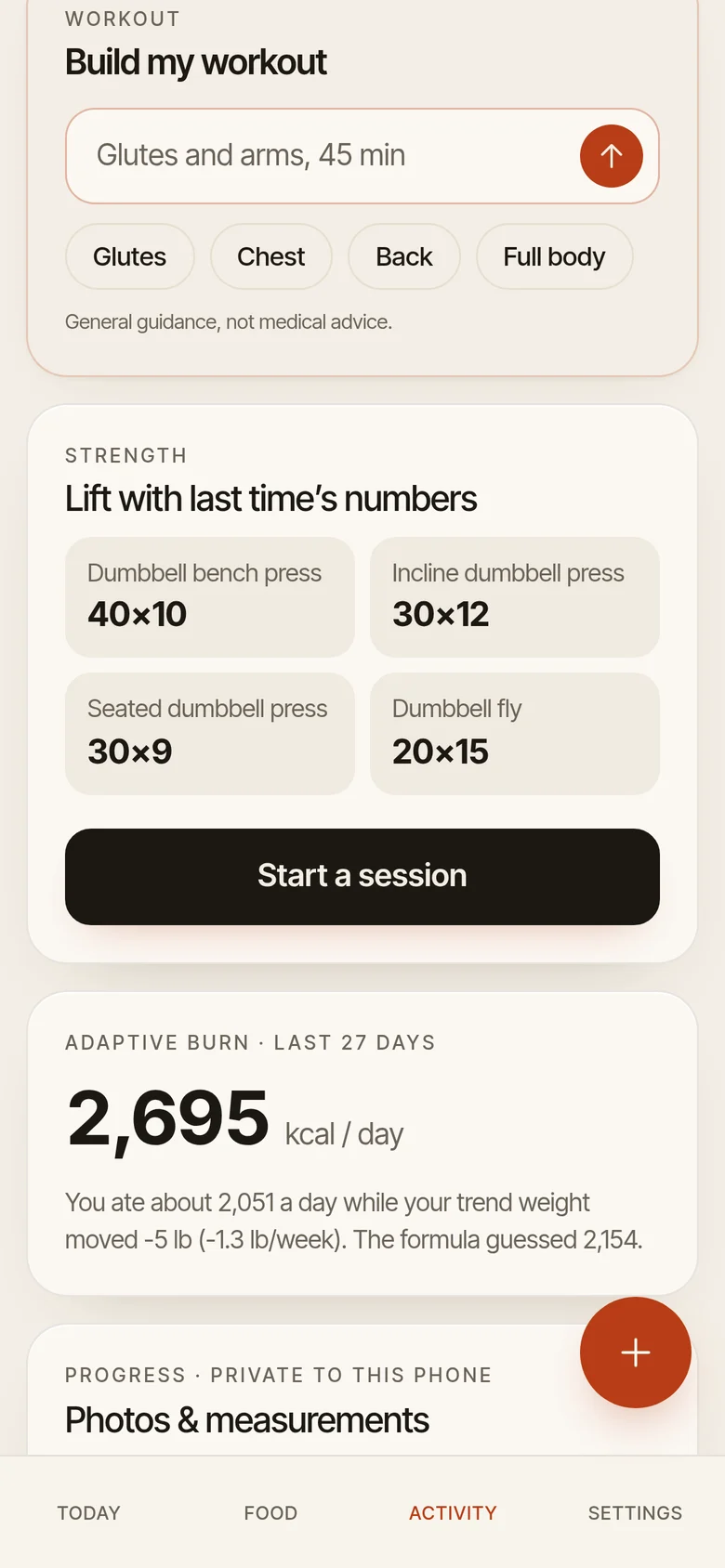 Activity: Lift with last time&rsquo;s numbers, such as dumbbell bench press 40×10 and seated dumbbell press 30×9, plus a Start a session button and adaptive burn