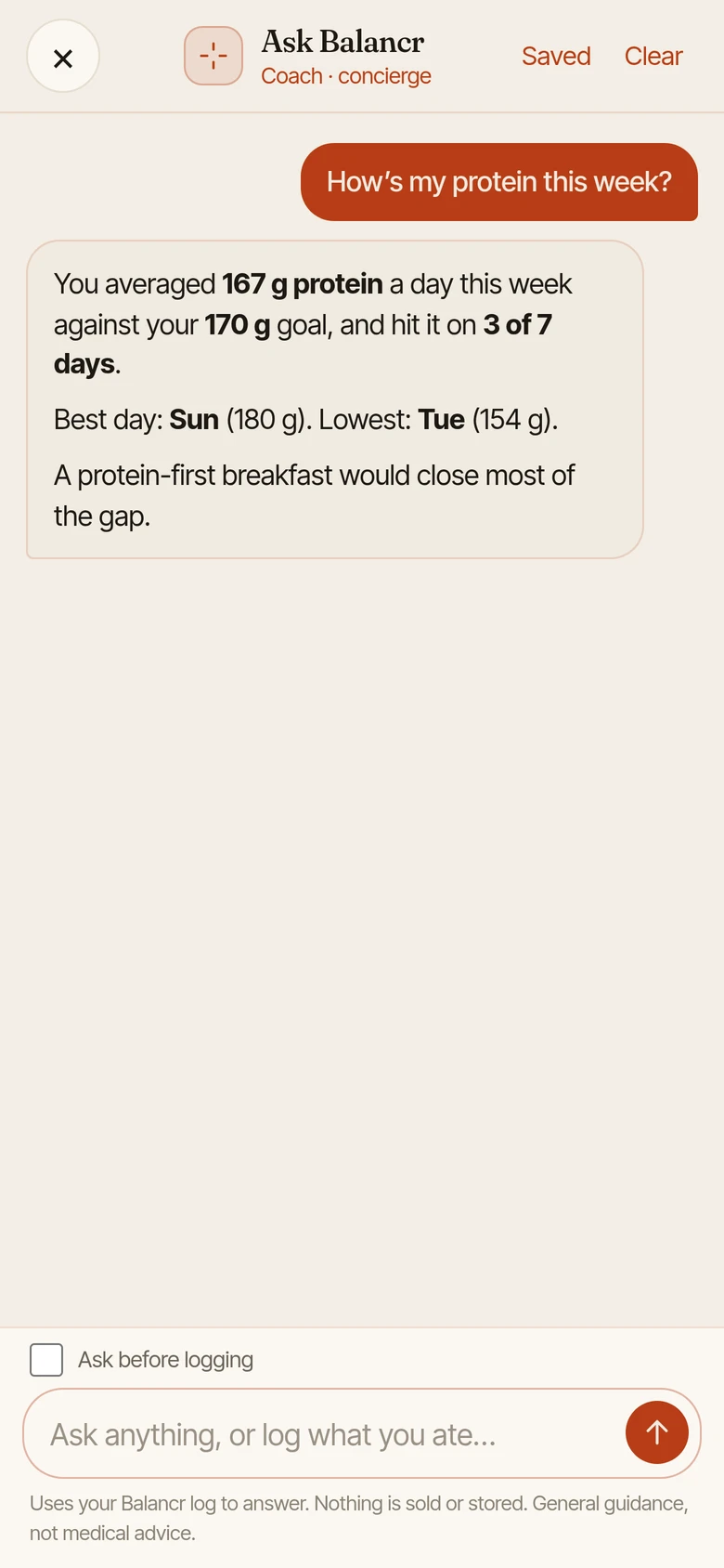 Ask Balancr chat: How&rsquo;s my protein this week? The answer gives a 167 g daily average against a 170 g goal, 3 of 7 days hit, and the best and lowest days