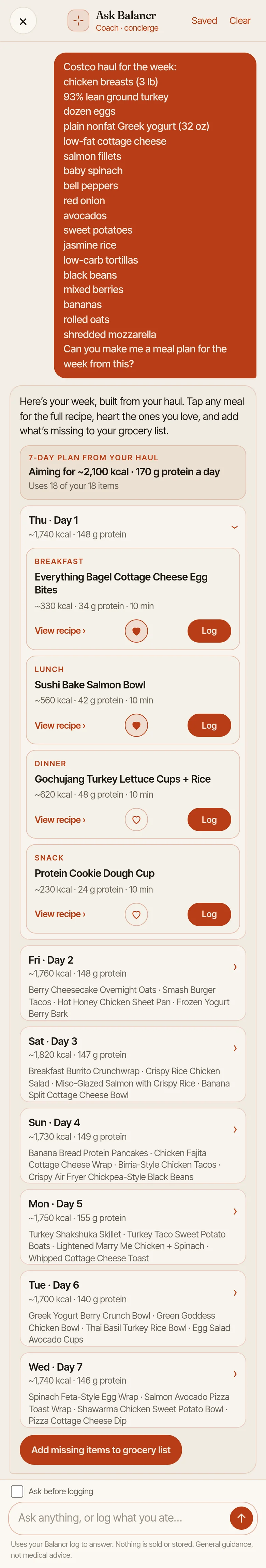 A 7-day meal plan built from a grocery haul, with calories and protein for each meal
