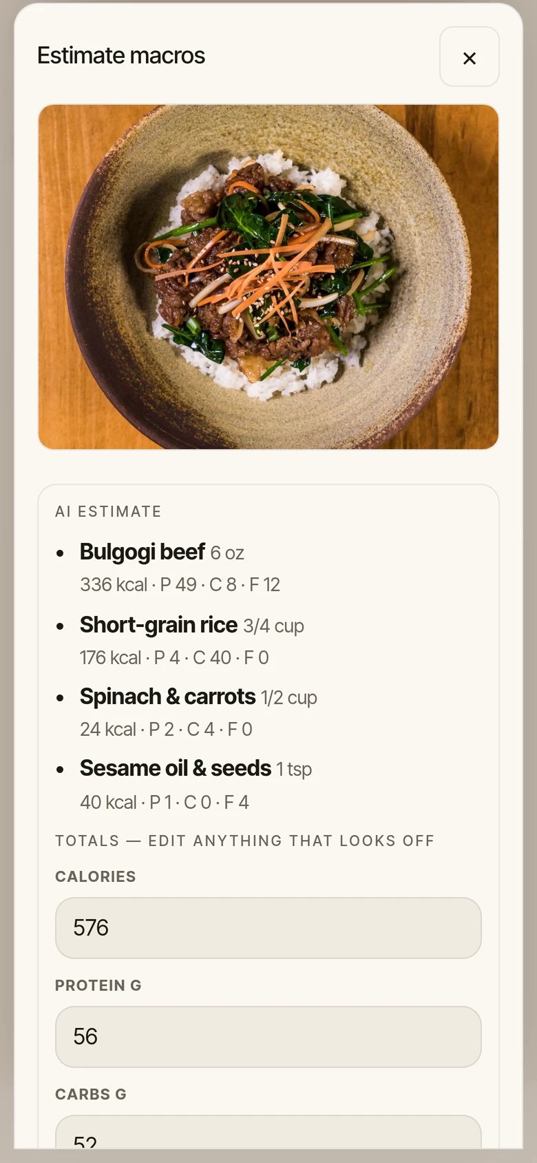 Photo estimate of a bulgogi beef rice bowl: each item with calories and macros, totaling 576 kcal and 56 g protein