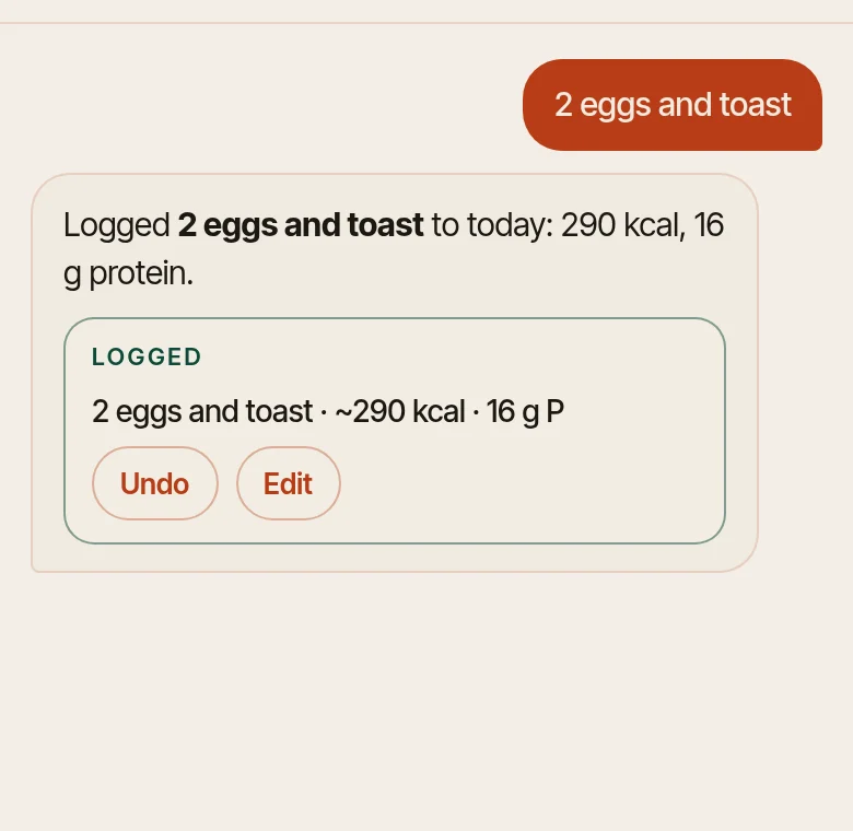 Typed 2 eggs and toast, and Balancr logs it: about 290 kcal and 16 g protein, with Undo