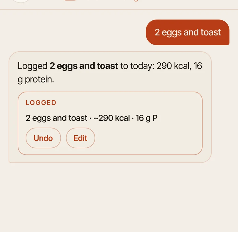 Typed 2 eggs and toast, and Balancr logs it: about 290 kcal and 16 g protein, with Undo