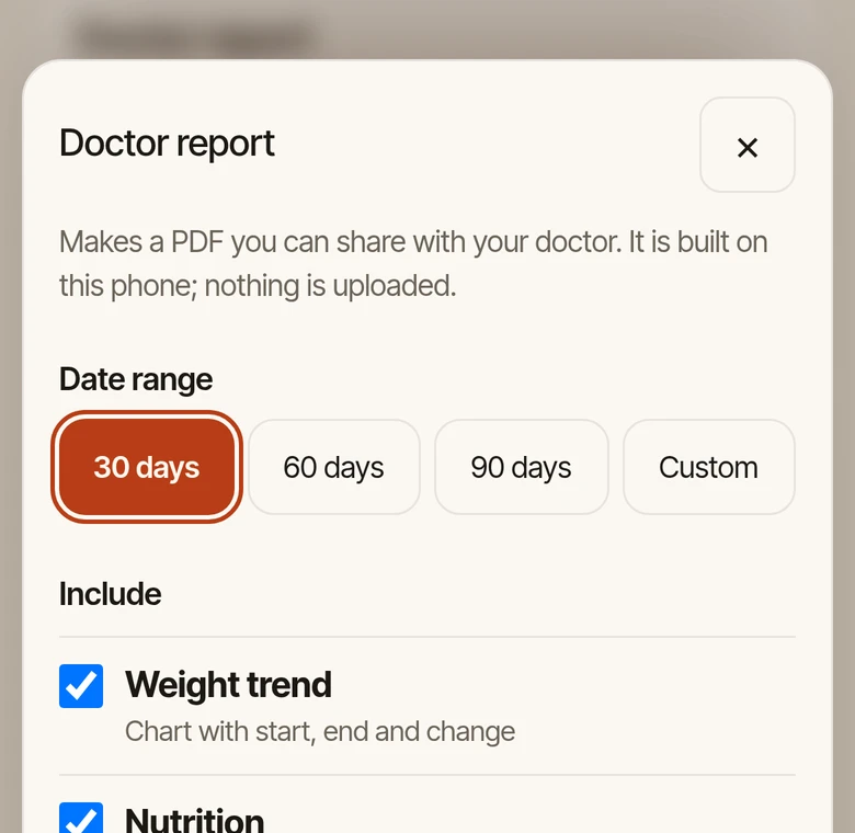 First page of a Balancr health log report PDF with weight trend and nutrition