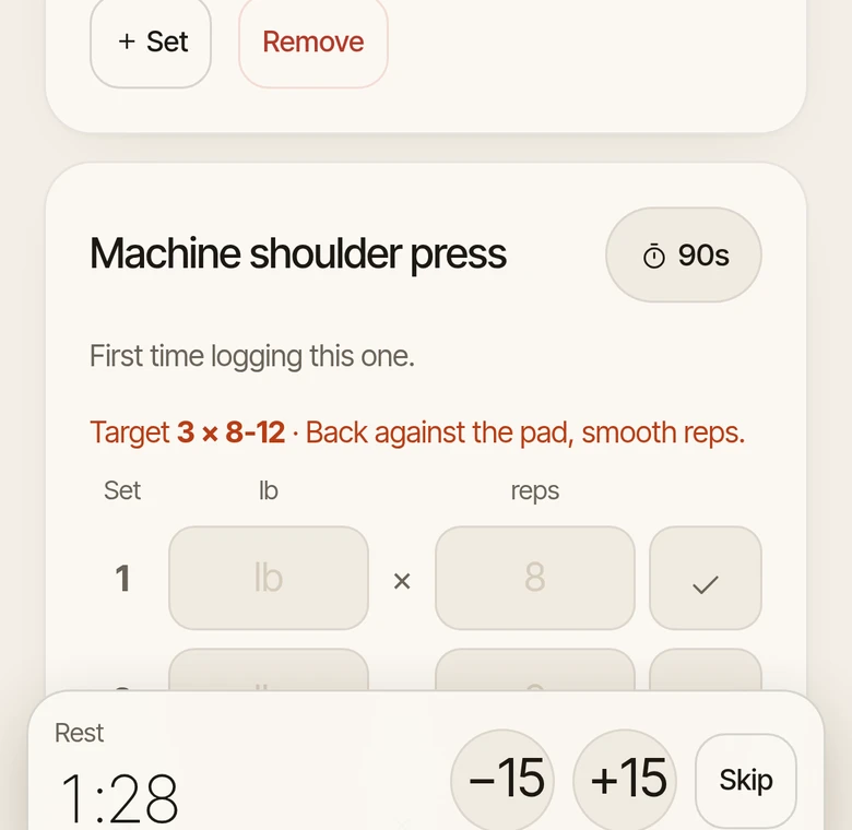 Exercise with target sets and reps, set rows and a rest timer at 1:28