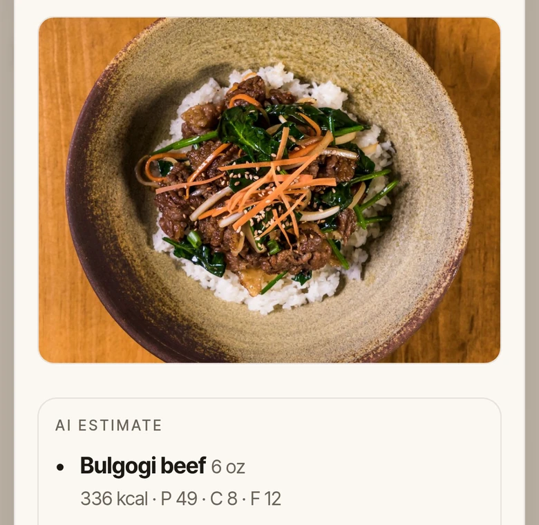 Photo estimate of a bulgogi beef rice bowl with each item’s calories and macros