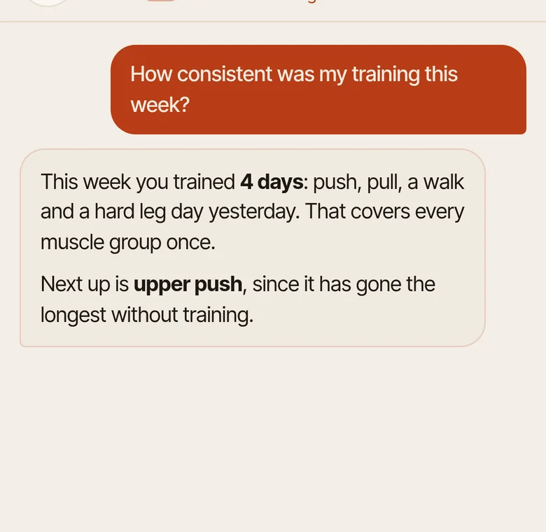 Ask Balancr answering How consistent was my training this week? from the log