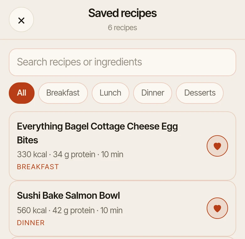 Saved recipes: six recipes with calories, protein and time, filters by meal, and a Make grocery list button