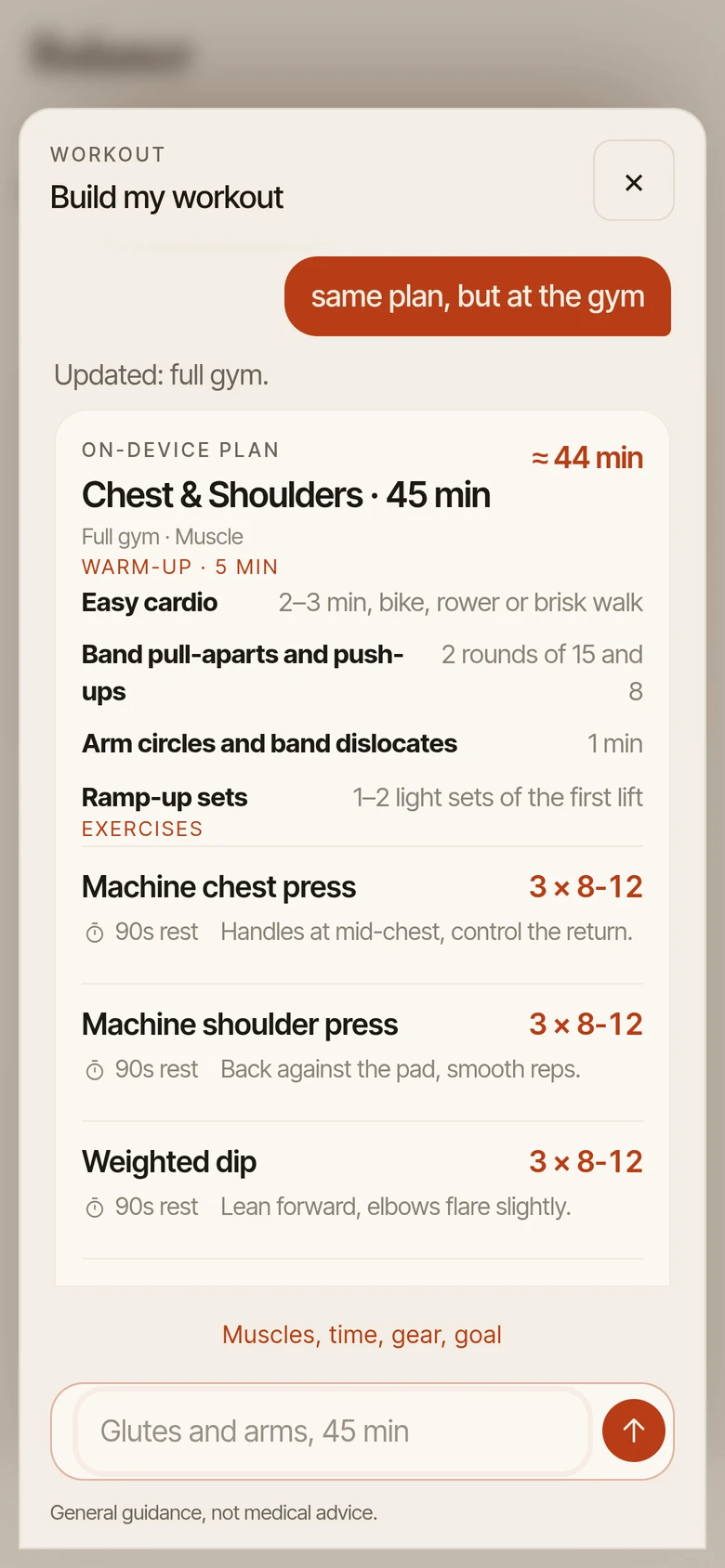 The same plan switched to the gym: machine chest press, machine shoulder press and weighted dips, with sets, reps and rest