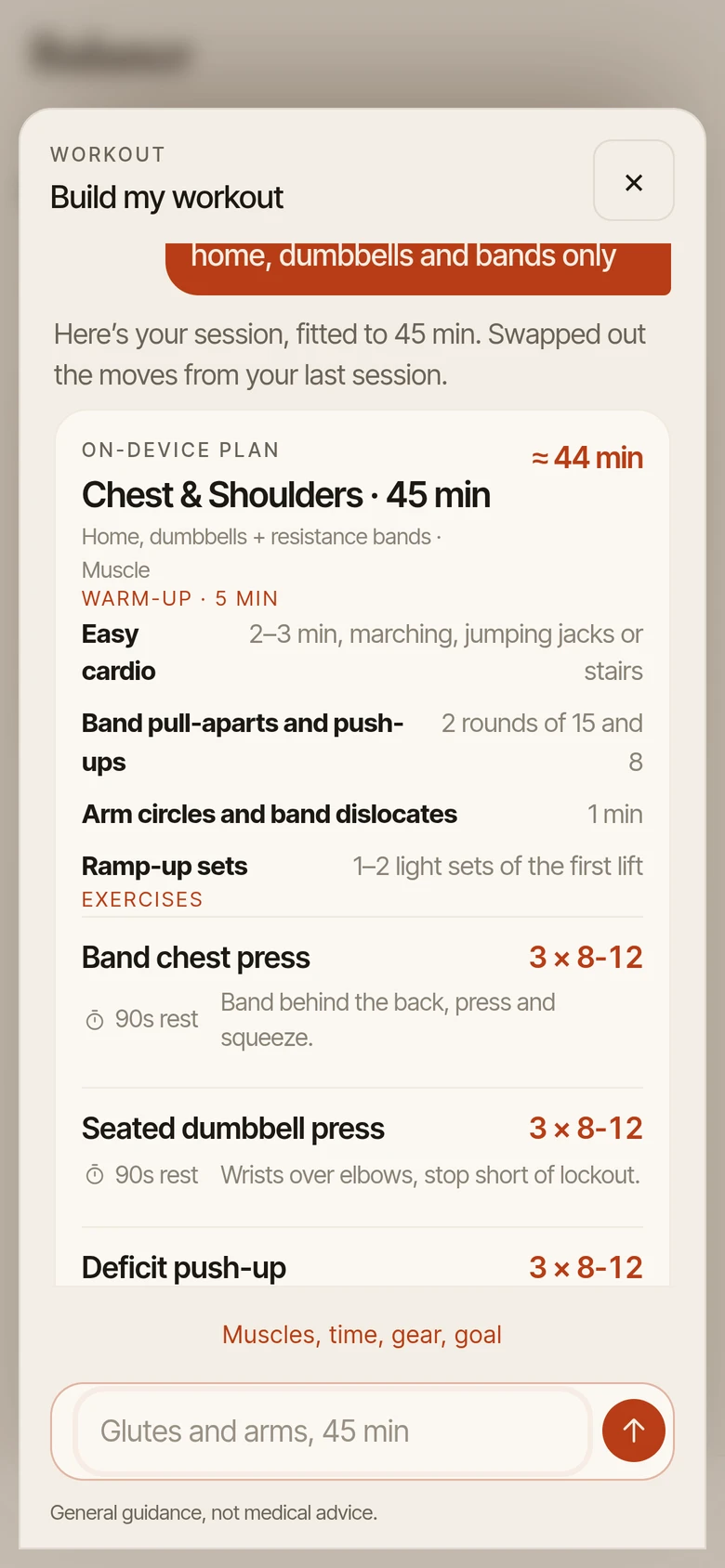 Built workout plan: warm-up, then each exercise with sets, reps, rest and a cue