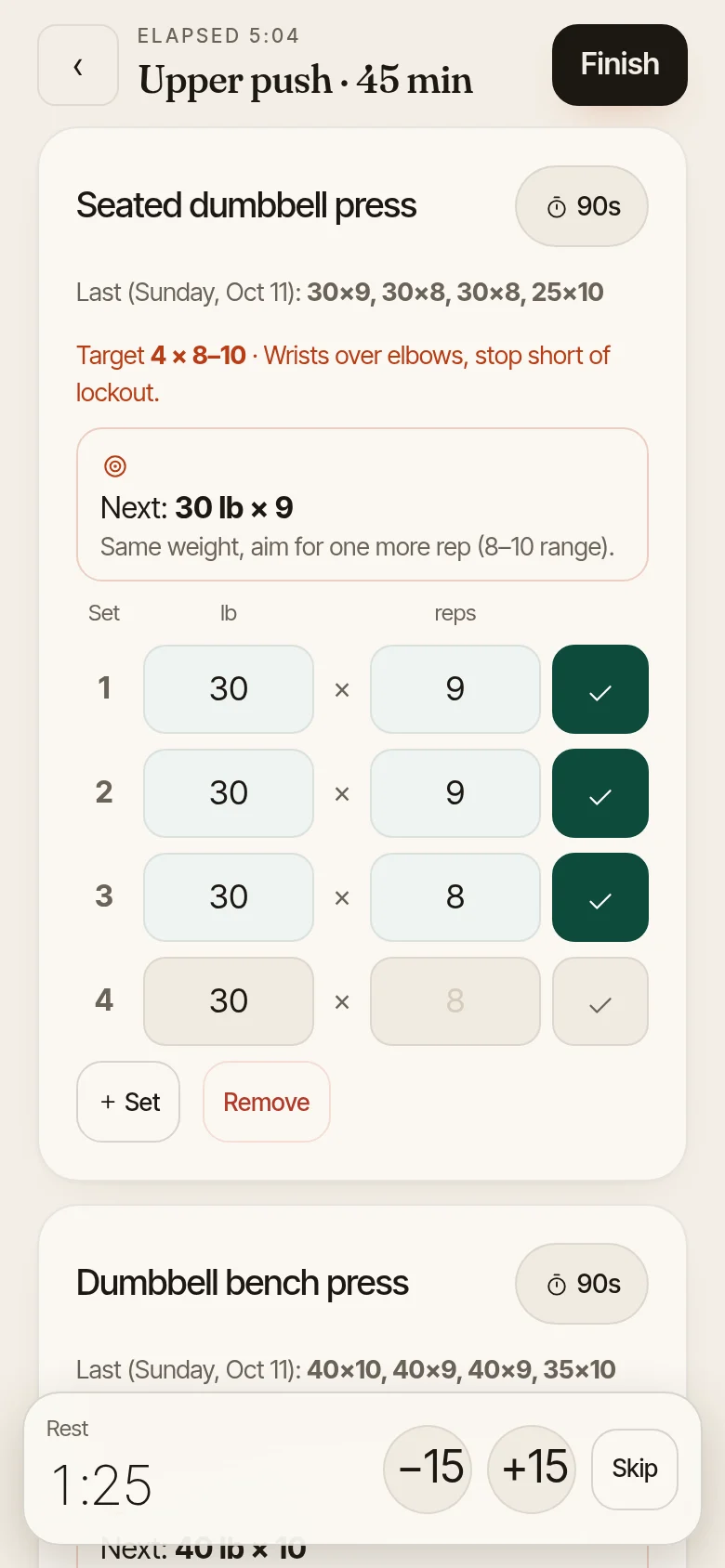 Upper push · 45 min workout in progress: seated dumbbell press with its sets checked off and the rest timer counting down