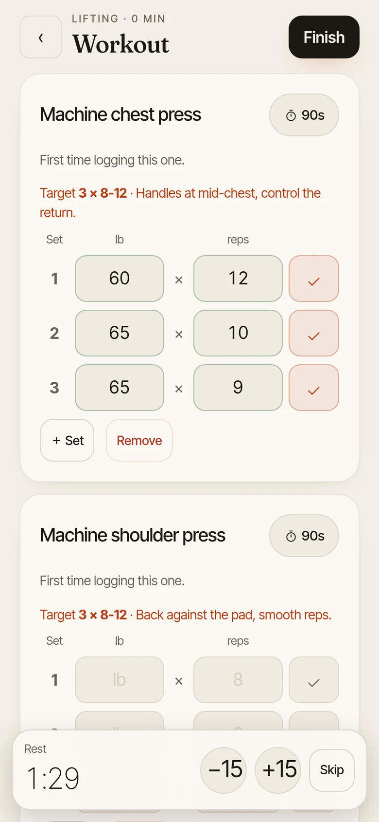 Workout in progress: target sets and reps, set rows and a rest timer counting down